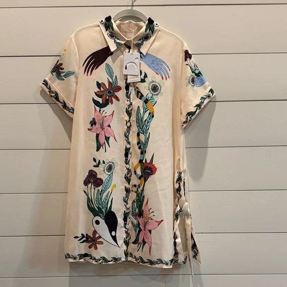 Commense Print Collared Belted Short Shirt Dress, Multicolored, NWT, Size M (6) - Picture 6 of 14